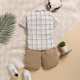 Boys Yellow Checked Applique Shirt With Elasticated Shorts Sets 2 pc. Sets