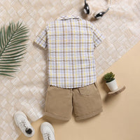 Boys Yellow Checked Applique Shirt With Elasticated Shorts Sets 2 pc. Sets