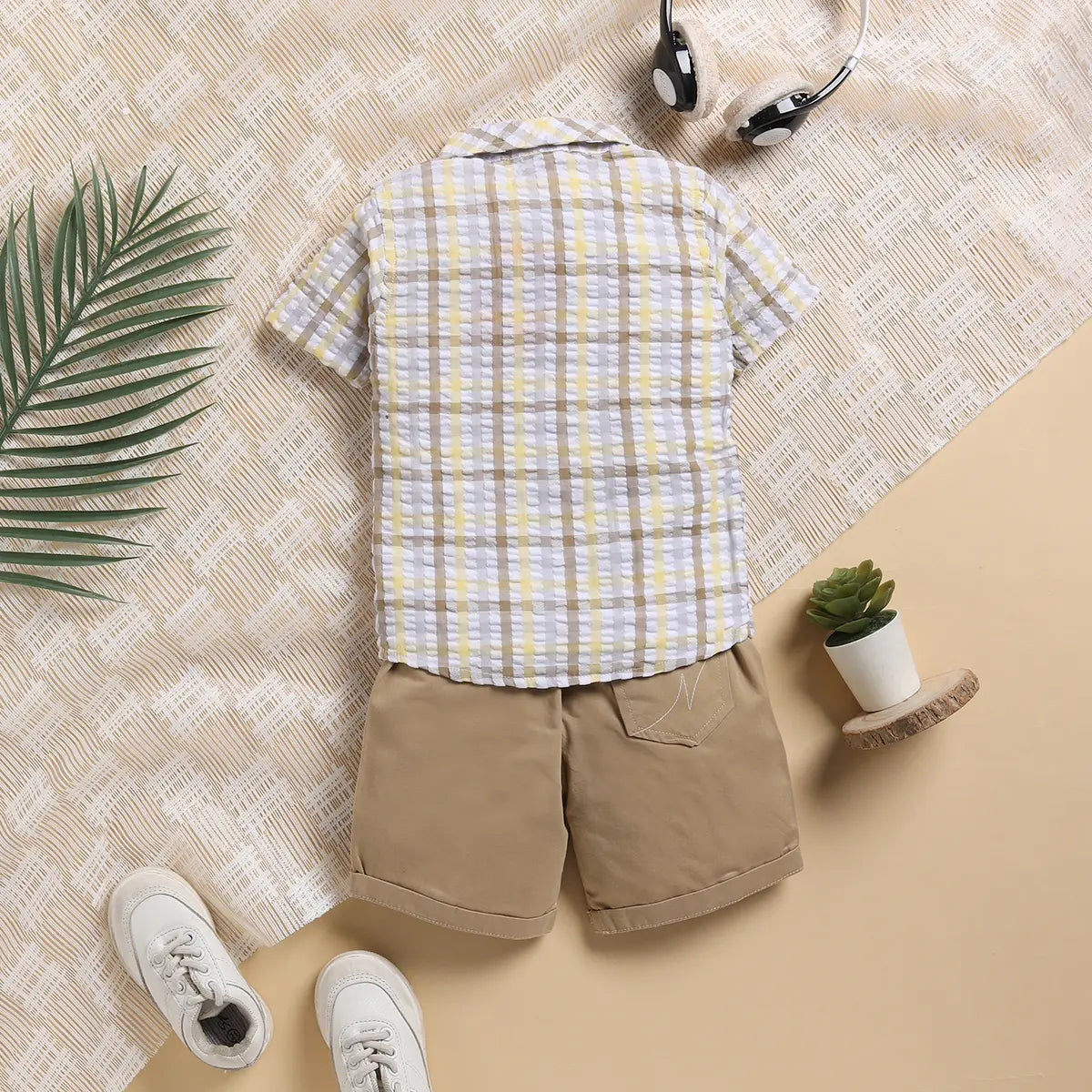 Boys Yellow Checked Applique Shirt With Elasticated Shorts Sets 2 pc. Sets
