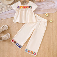 Girls Apricot Lace Patched Short Sleeves Top & Pants Co-ord Sets Sets Apricot 3-4 Y