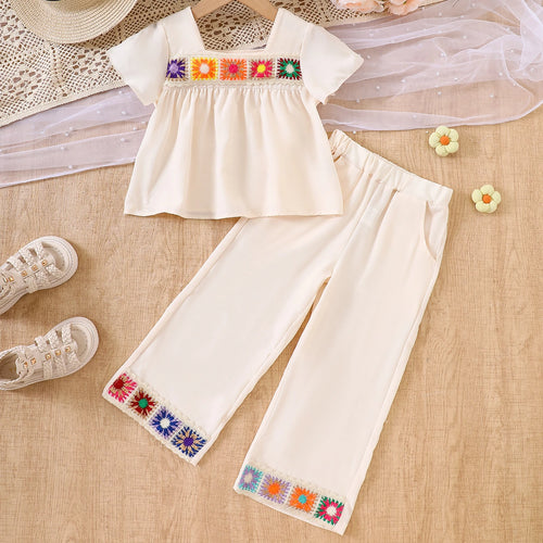 Girls Apricot Lace Patched Short Sleeves Top & Pants Co-ord Sets Sets Apricot 3-4 Y