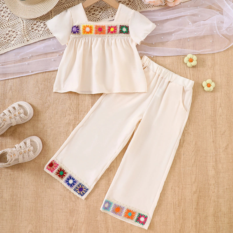 Girls Apricot Lace Patched Short Sleeves Top & Pants Co-ord Sets Sets Apricot 3-4 Y