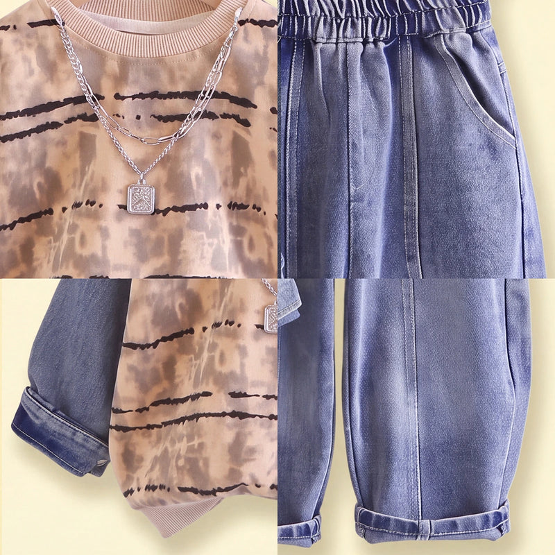 Boys Khaki Striped Sweatshirt With Denim Pants Sets 2 pc. Sets