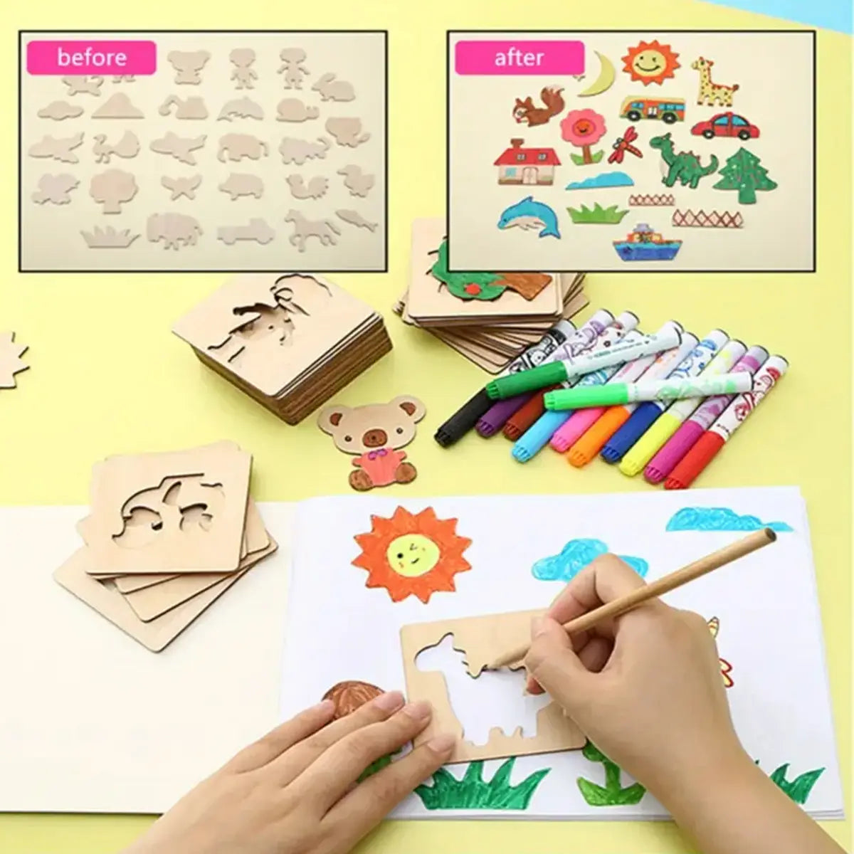 Kids Wooden Stencils & Colorful Markers Art Set Trending Accessories Multicolor Onesize