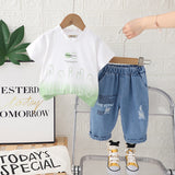 Boys Green Ombre Dyed Short Sleeves T-Shirt With Denim Pants Set