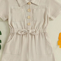 Girls Beige Button Front Short Sleeve Romper With Bow Detail Playsuits