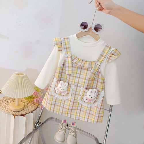 Girls Yellow Checked Bunny Applique Round Neck Pinafore Dress Casual Dresses Yellow 1-2 Y