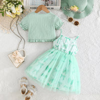 Girls Green Bow Printed Fit & Flare Summer Casual Dress Casual Dresses