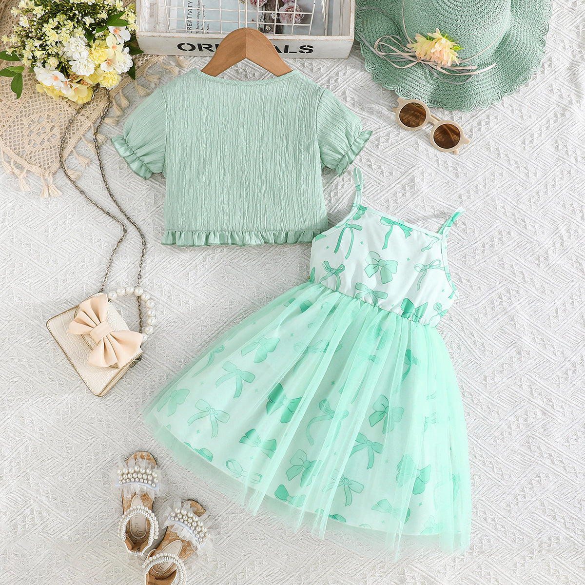 Girls Green Bow Printed Fit & Flare Summer Casual Dress Casual Dresses