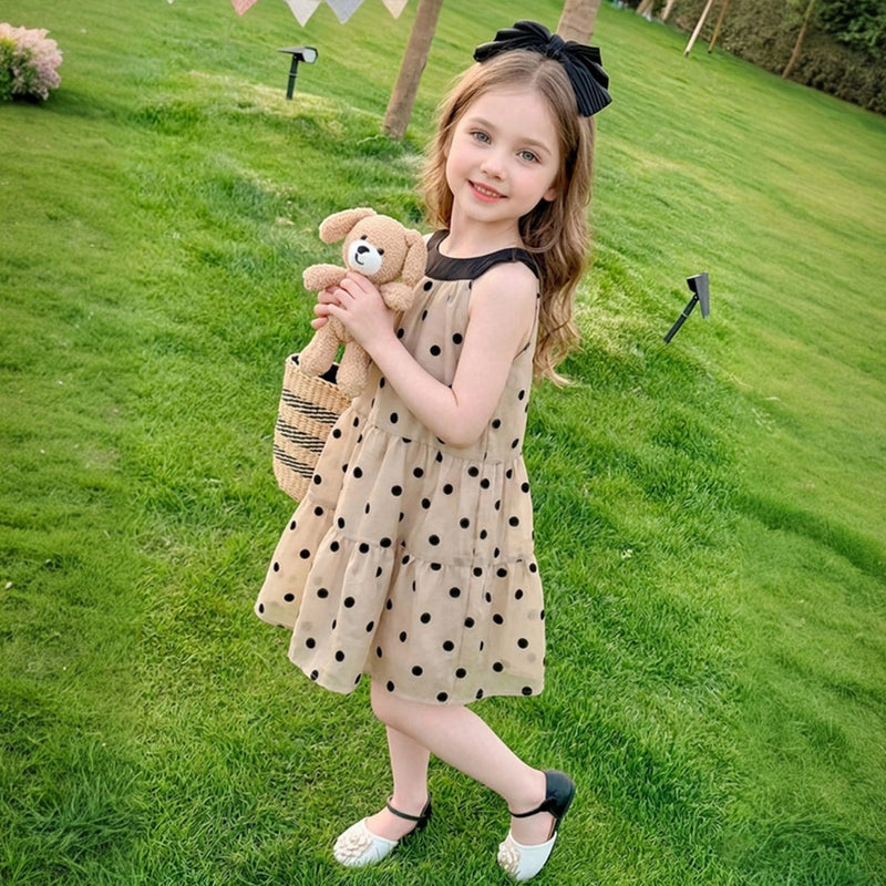 Girls Beige Polka Dot Printed Halter Neck Tiered Dress Casual Dresses