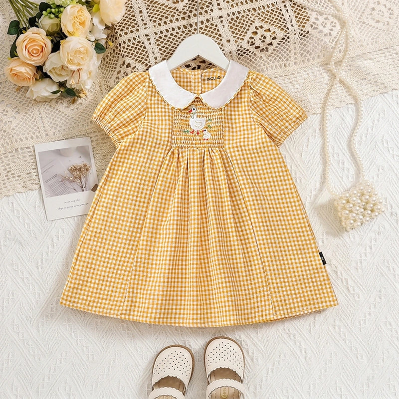 Girls Yellow Gingham Checked Smocked Dress with Duck Embroidery Casual Dresses Yellow 2-3 Y