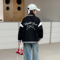 Girls Black Bow Printed Varsity Jacket Coats & Jackets