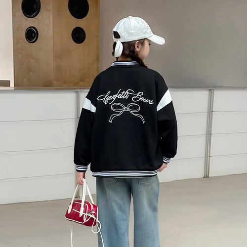 Girls Black Bow Printed Varsity Jacket Coats & Jackets