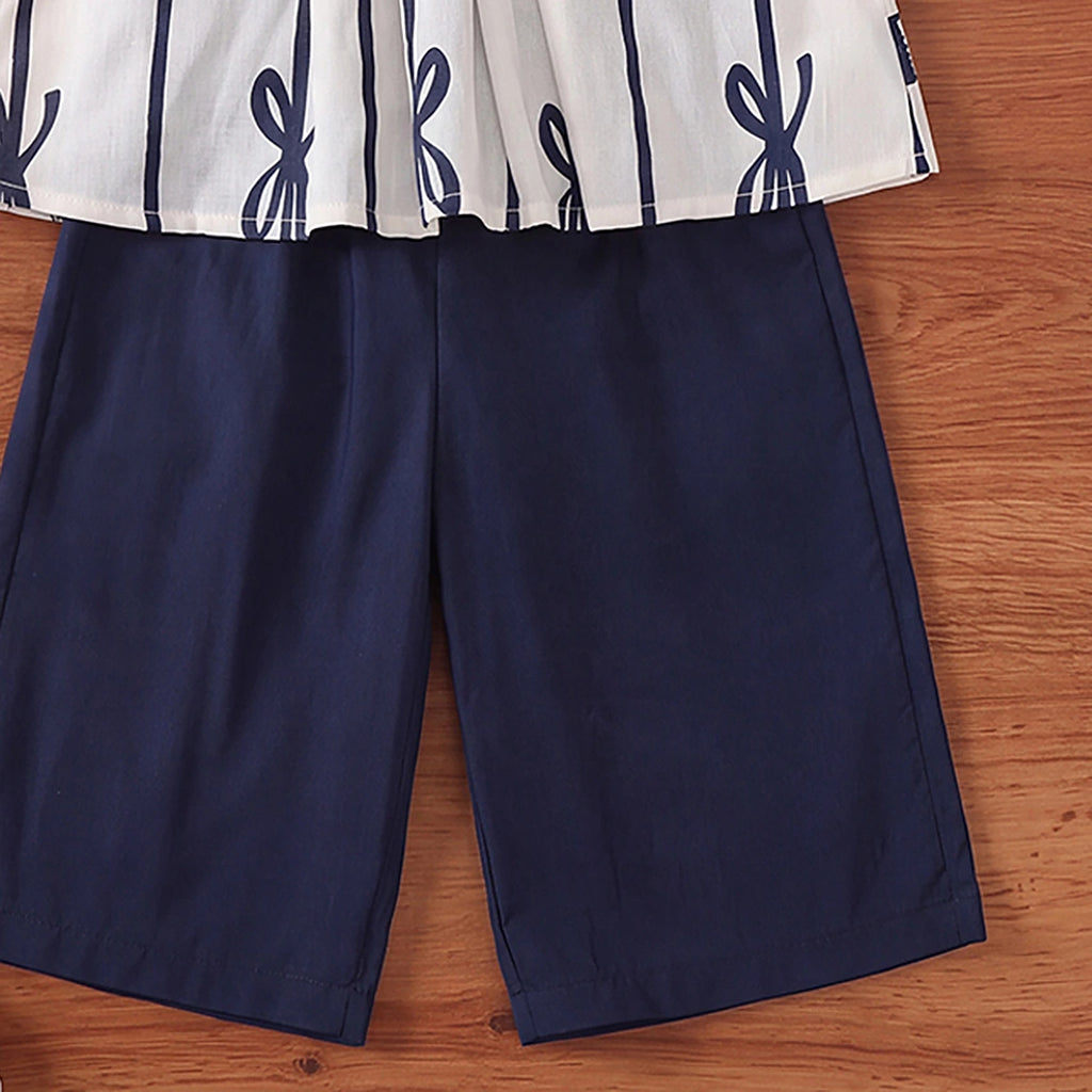 Girls Navy Blue Bow Print Sleeveless Top With Capri Sets 2 pc. Sets