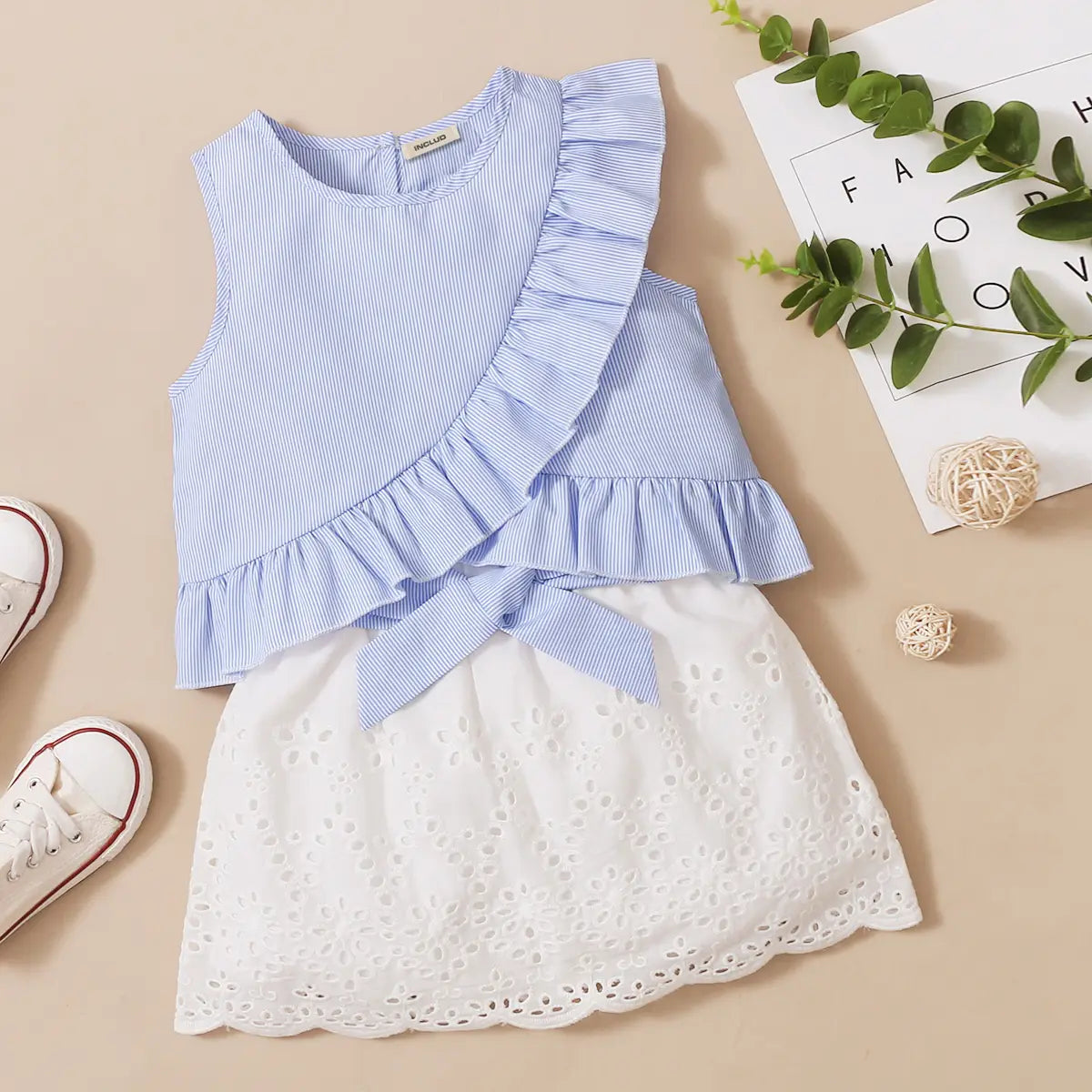 Girls Light Blue Stripes Ruffled Top With Eyelet Hem Skirts Set Sets Light Blue 2-3 Y