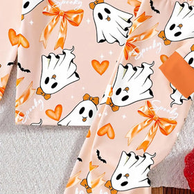 Girls Orange Halloween-Themed Printed T-Shirt With Jogger Co-ord Sets 2 pc. Sets