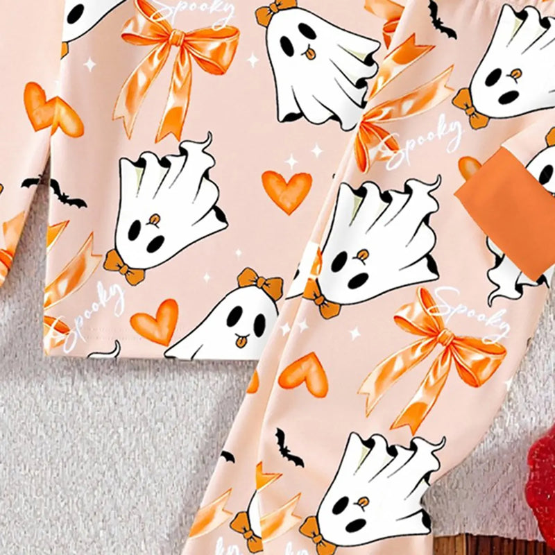 Girls Orange Halloween-Themed Printed T-Shirt With Jogger Co-ord Sets 2 pc. Sets