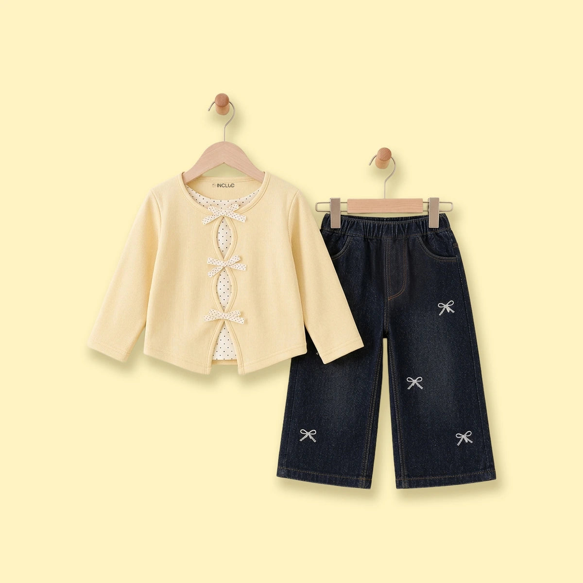 Girls Yellow Polka Dot Printed Top With Denim Pants Sets Sets Yellow 1-2 Y