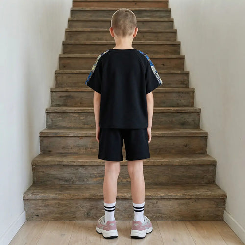 Boys Black Abstract Print Raglan Sleeves T-Shirt With Shorts Co-ord Sets Sets