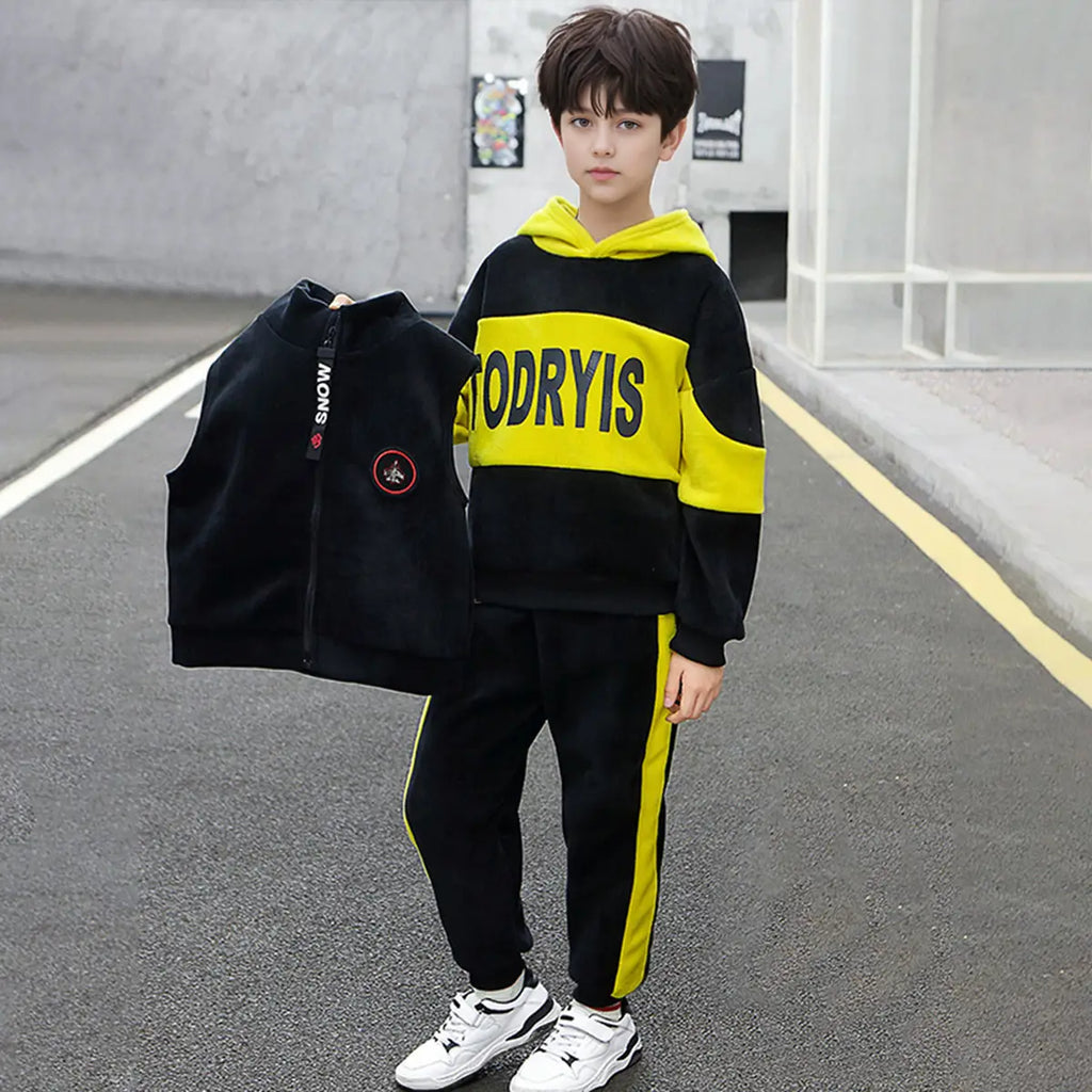 Boys Yellow Typographic Printed Hooded Sweatshirt With Vest & Jogger Sets Sets