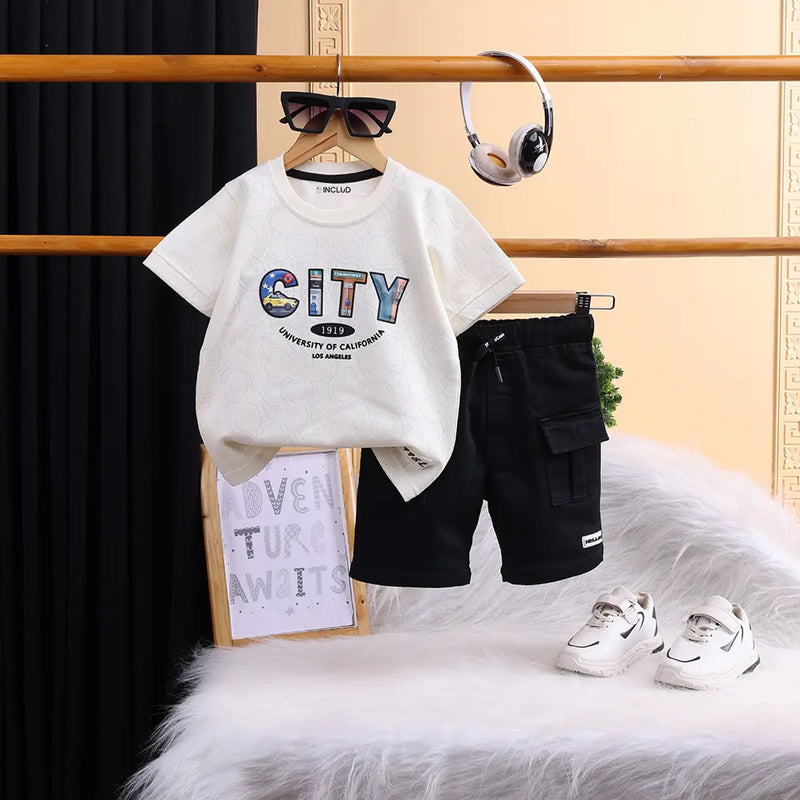 Boys Off White Typographic Printed Short Sleeve T-shirts With Elasticated Shorts Sets Sets Off White 1-2 Y