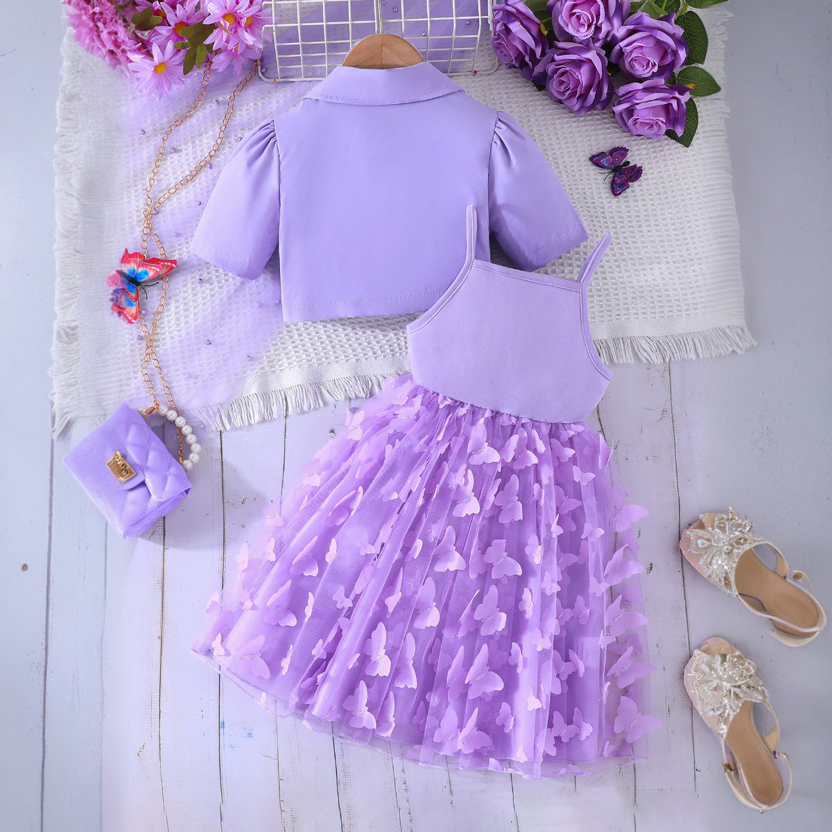 Girls Purple Short Sleeve Top With Butterfly Applique Sleeveless Dress Casual Dresses