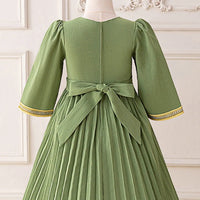 Girls Green Embroidered Maxi Dress With Three-quarter Sleeves Casual Dresses