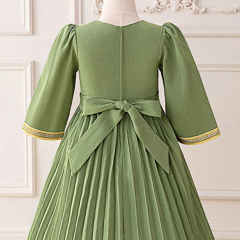 Girls Green Embroidered Maxi Dress With Three-quarter Sleeves Casual Dresses