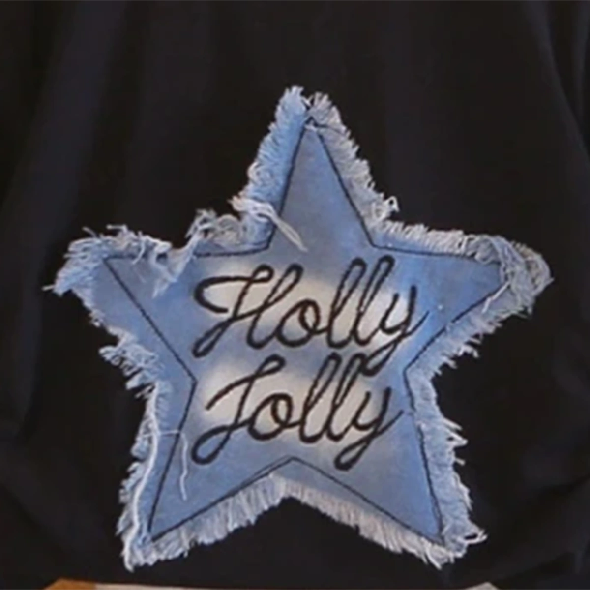 Girls Black Frayed-Denim Star Applique T-Shirt With Wide-Leg Textured Pant Sets Sets