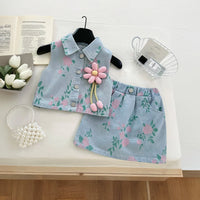 Girls Light Blue Floral Applique Top With Skirt Sets 2 pc. Sets Light Blue 1-2 Y
