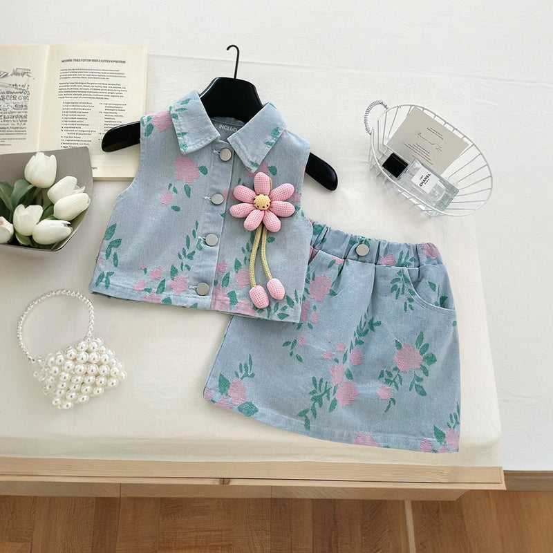 Girls Light Blue Floral Applique Top With Skirt Sets 2 pc. Sets Light Blue 1-2 Y