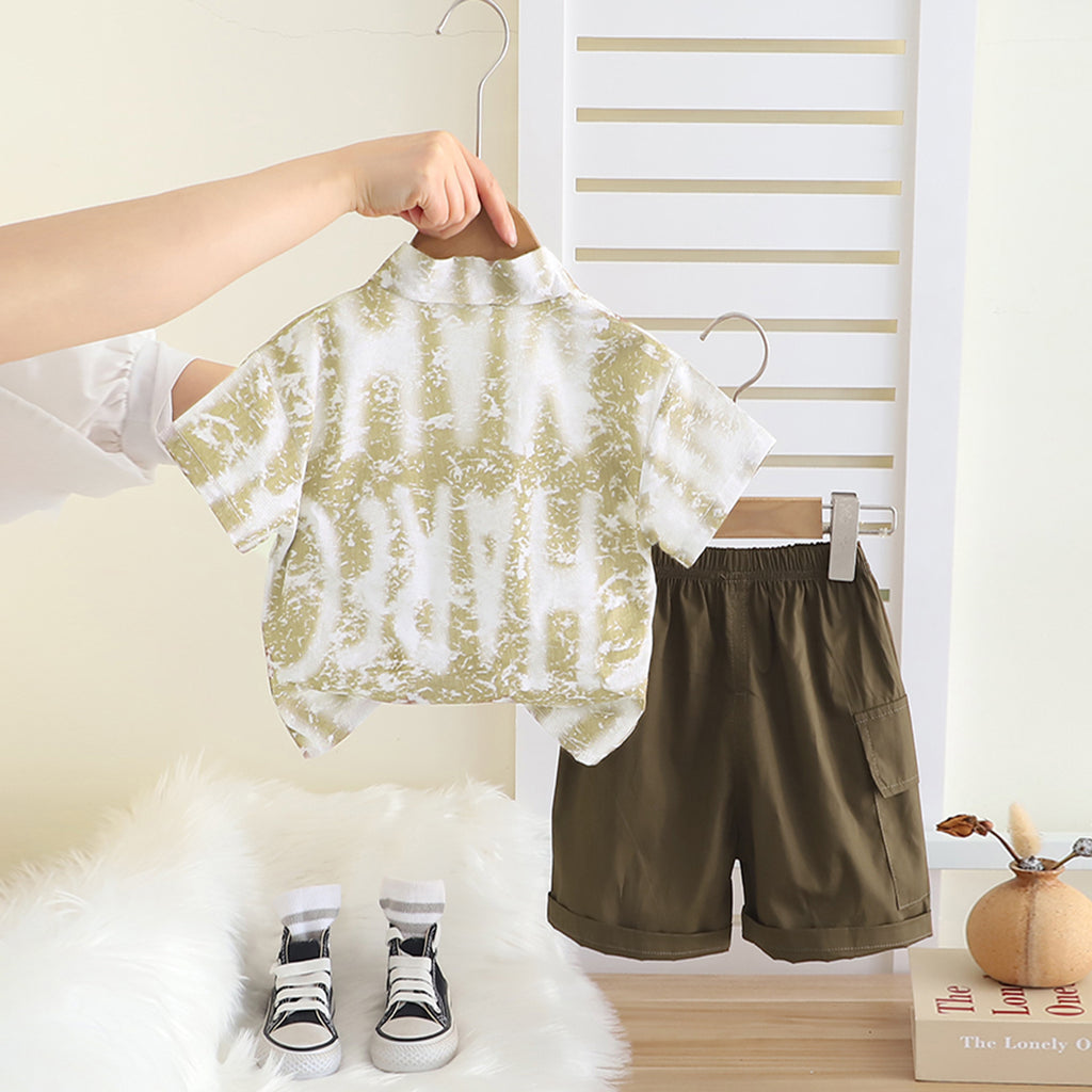 Boys Green Typographic Printed Shirt With T-Shirt And Shorts Set Sets