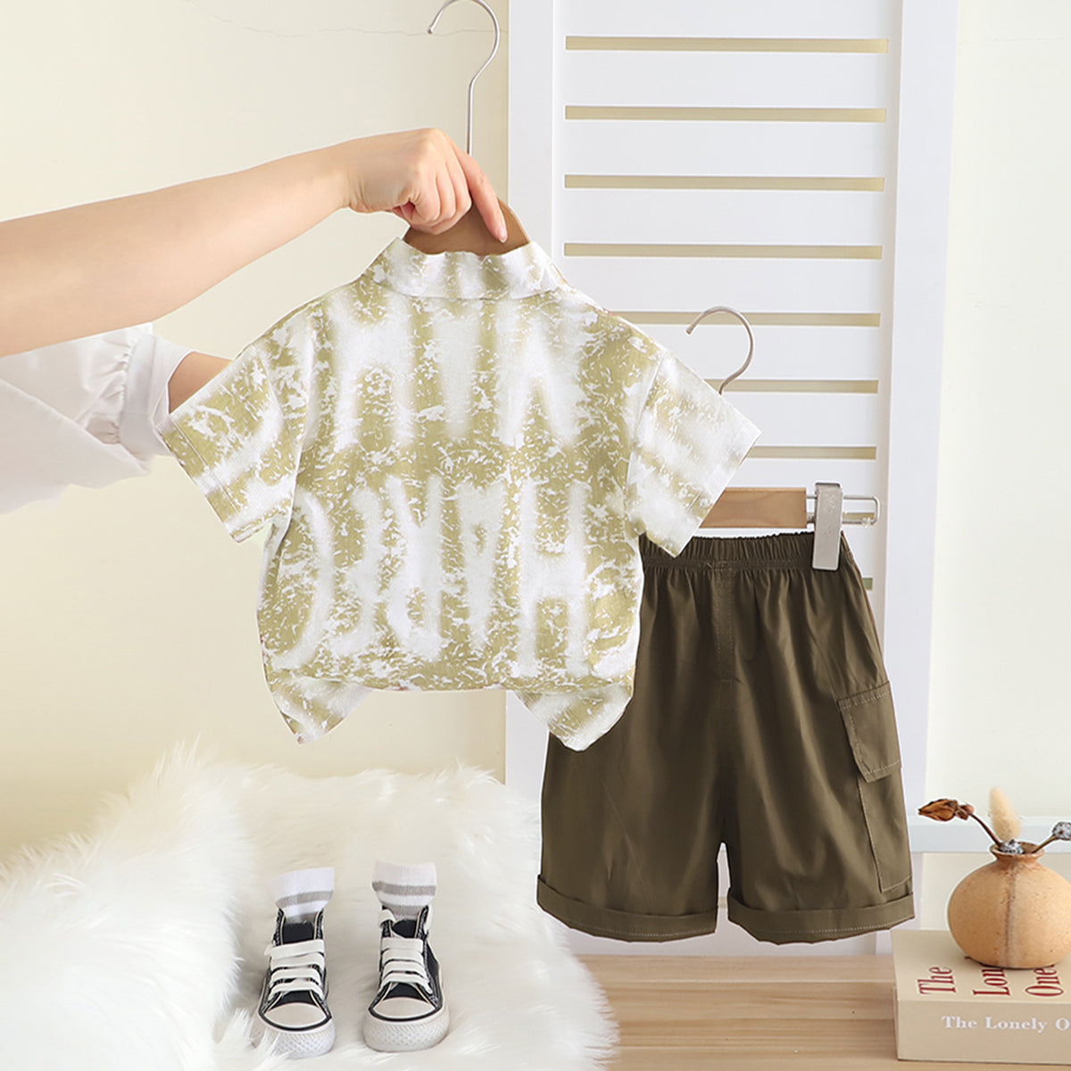 Boys Green Typographic Printed Shirt With T-Shirt And Shorts Set Sets