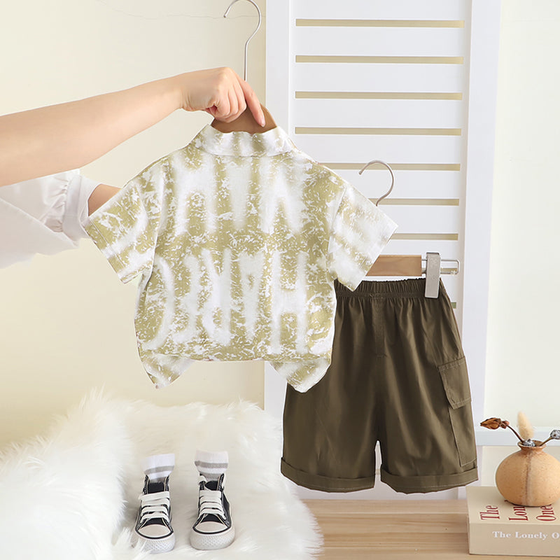 Boys Green Typographic Printed Shirt With T-Shirt And Shorts Set Sets