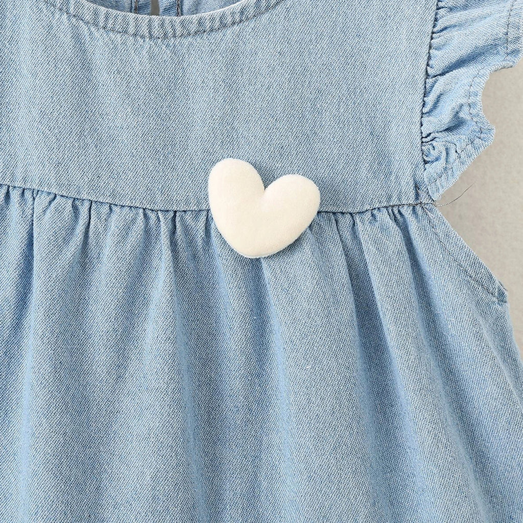 Girls Blue Heart Applique Layered Denim Dress Casual Dresses