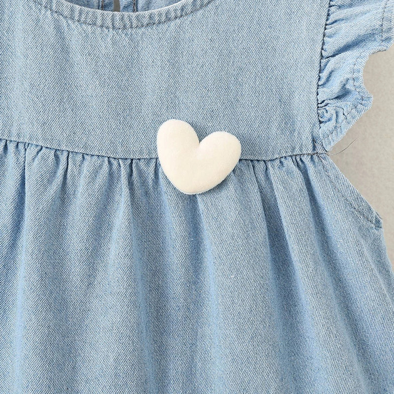 Girls Blue Heart Applique Layered Denim Dress Casual Dresses