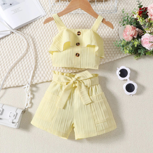 Girls Yellow Ruffle Sleeveless Crop Top With Shorts Sets 2 pc. Sets Yellow 1-2 Y