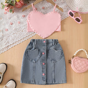 Girls Peach Heart Applique Crop Top With Denim Skirt Sets Sets Peach 3-4 Y