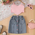 Girls Peach Heart Applique Crop Top With Denim Skirt Sets Sets Peach 3-4 Y