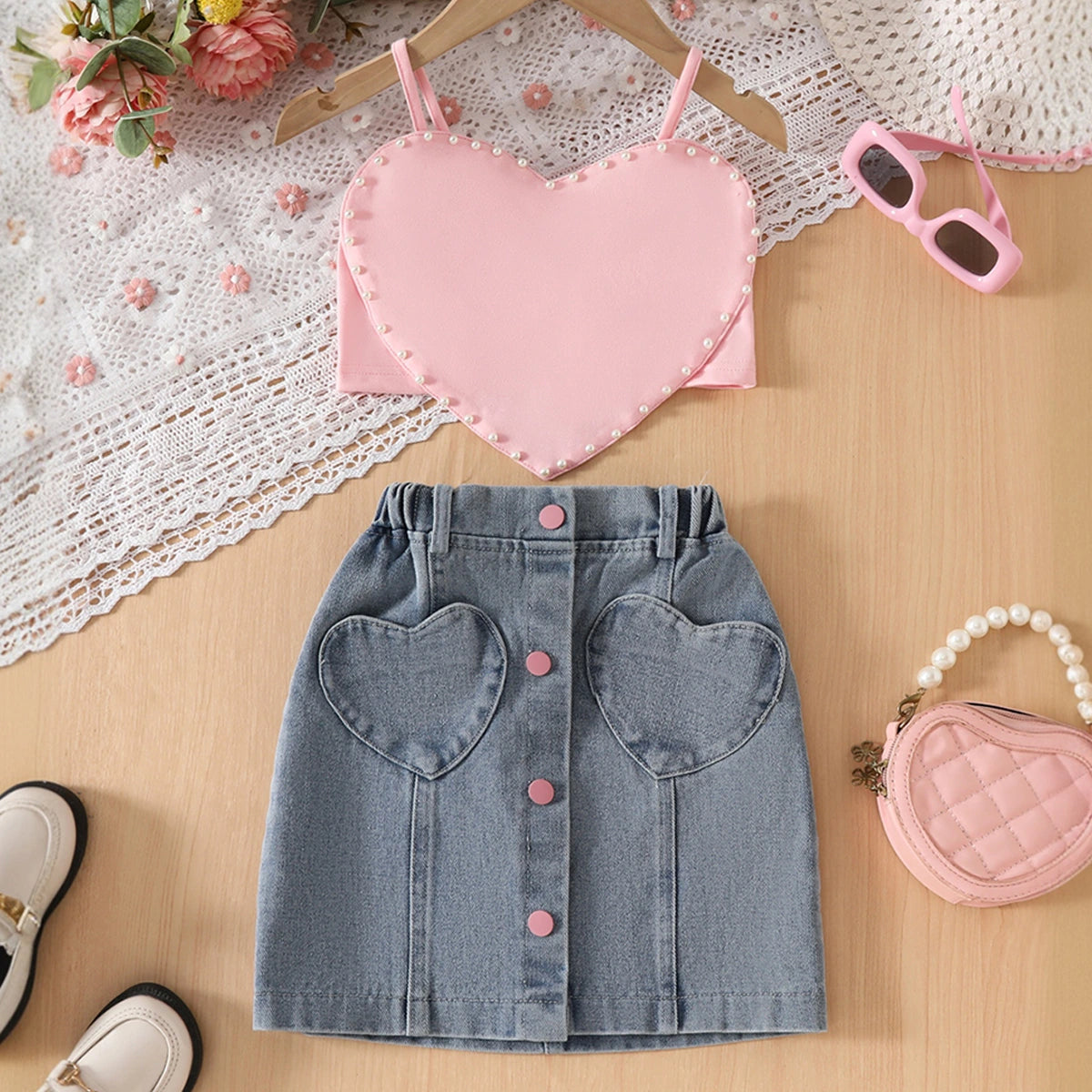 Girls Peach Heart Applique Crop Top With Denim Skirt Sets Sets Peach 3-4 Y