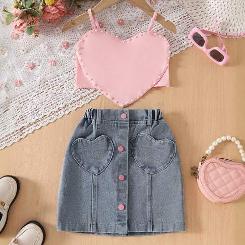 Girls Peach Heart Applique Crop Top With Denim Skirt Sets Sets Peach 3-4 Y