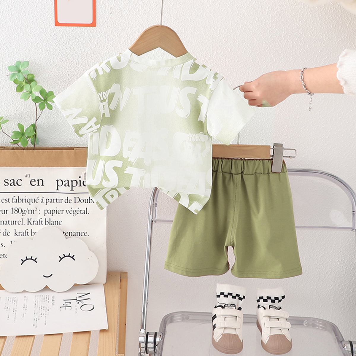 Boys Green Printed Contrast Pocket T-Shirt With Shorts Set 2 pc. Sets