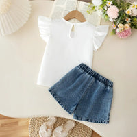 Girls White Short Sleeves Bow Applique Top With Denim Shorts Sets Sets