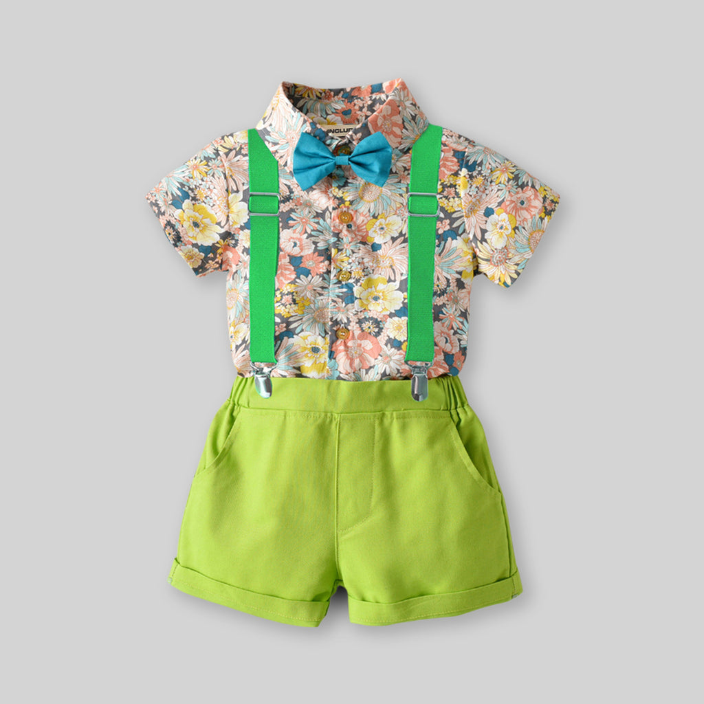 Boys Flower Printed Shirt With Suspender Shorts Set