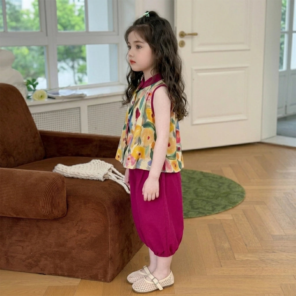 Girls Pink Printed Mandarin Collar Top with Elasticated Balloon Pants Set Sets