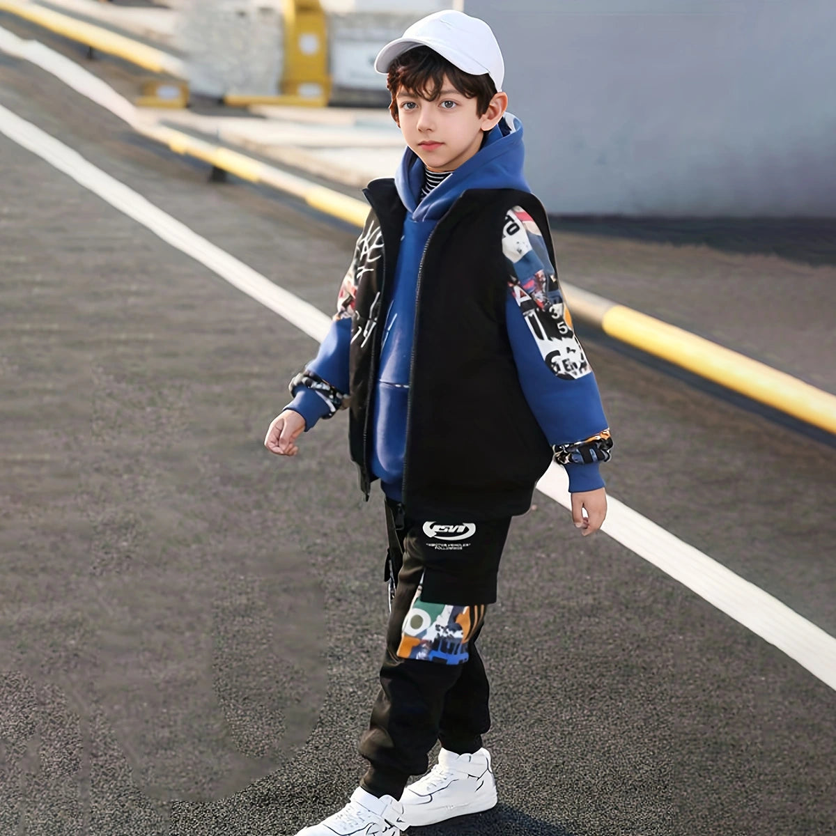 Boys Blue Graphics Printed hoodie With Sleeveless Jacket & Jogger Sets Sets