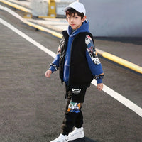Boys Blue Graphics Printed hoodie With Sleeveless Jacket & Jogger Sets Sets