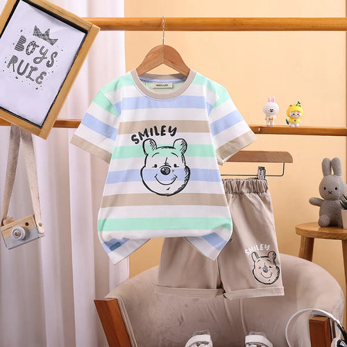 Boys Khaki Stripes and Smiley Printed T-Shirt With Shorts Sets 2 pc. Sets Khaki 3-4 Y