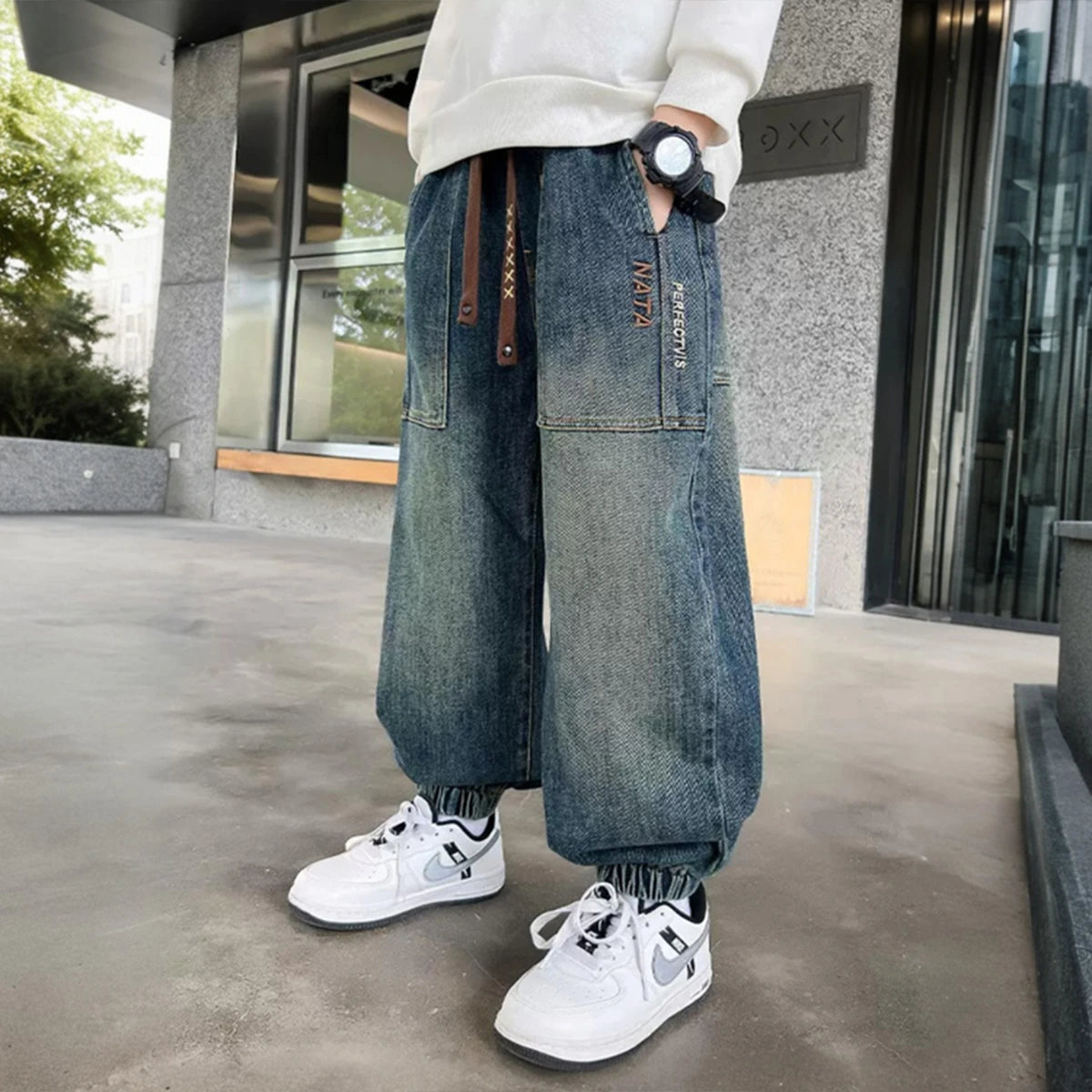 Boys Light Blue Denim Joggers With Front Patch Pockets Pants