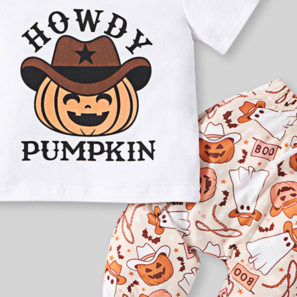 Boys Pumpkin Print T-Shirt With Halloween Printed Pants 2 pc. Sets   